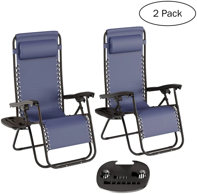 Alt view image 3 of 7 - Set of 2 Zero-Gravity Chairs - Folding Patio Furniture - Outdoor Recliners with Side Table, Cup or Phone Holder and Chair Pillow (Navy)