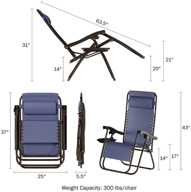 Alt view image 2 of 7 - Set of 2 Zero-Gravity Chairs - Folding Patio Furniture - Outdoor Recliners with Side Table, Cup or Phone Holder and Chair Pillow (Navy)