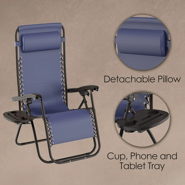 Alt view image 4 of 7 - Set of 2 Zero-Gravity Chairs - Folding Patio Furniture - Outdoor Recliners with Side Table, Cup or Phone Holder and Chair Pillow (Navy)