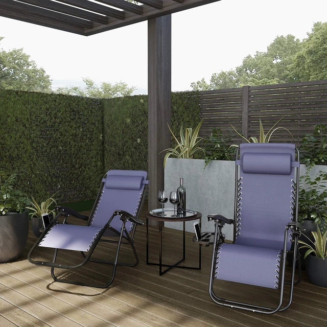 Alt view image 6 of 7 - Set of 2 Zero-Gravity Chairs - Folding Patio Furniture - Outdoor Recliners with Side Table, Cup or Phone Holder and Chair Pillow (Navy)