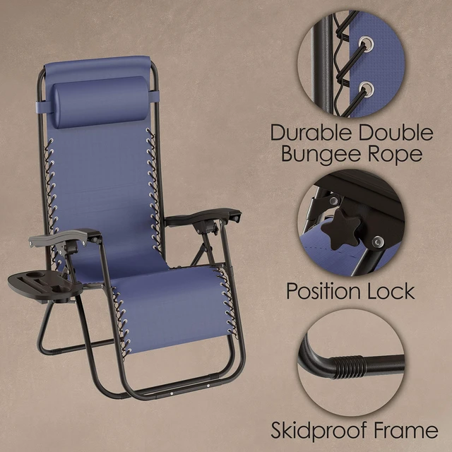 Alt view image 5 of 7 - Set of 2 Zero-Gravity Chairs - Folding Patio Furniture - Outdoor Recliners with Side Table, Cup or Phone Holder and Chair Pillow (Navy)
