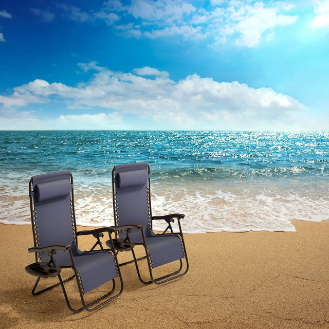 Alt view image 7 of 7 - Set of 2 Zero-Gravity Chairs - Folding Patio Furniture - Outdoor Recliners with Side Table, Cup or Phone Holder and Chair Pillow (Navy)