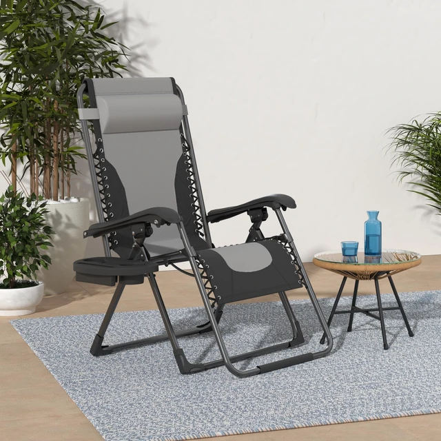 Alt view image 2 of 7 - Oversized Padded Zero Gravity Chair Lounge Chair Outdoor Patio Recliner with Cup Holder Adjustable Headrest for Patio Pool Deck Camping Support 380lbs (1, Grey)