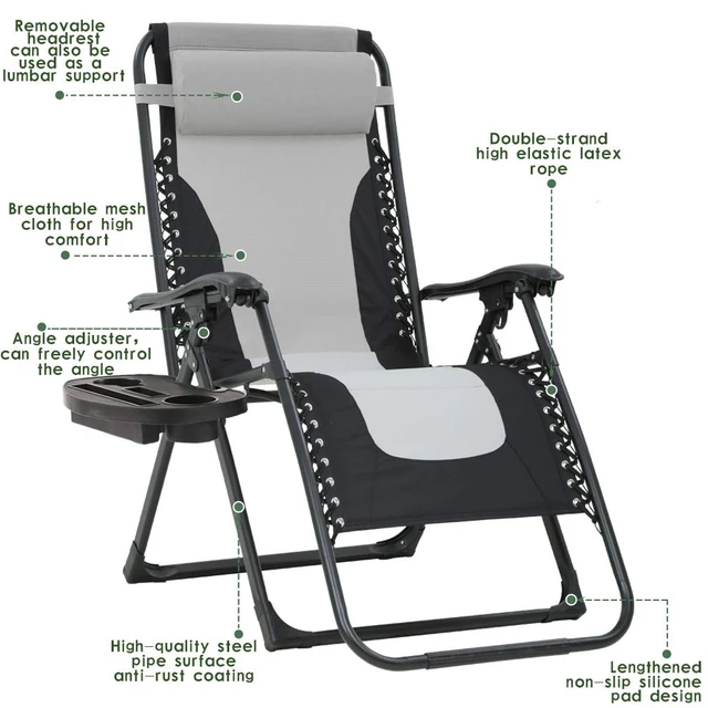 Alt view image 5 of 7 - Oversized Padded Zero Gravity Chair Lounge Chair Outdoor Patio Recliner with Cup Holder Adjustable Headrest for Patio Pool Deck Camping Support 380lbs (1, Grey)