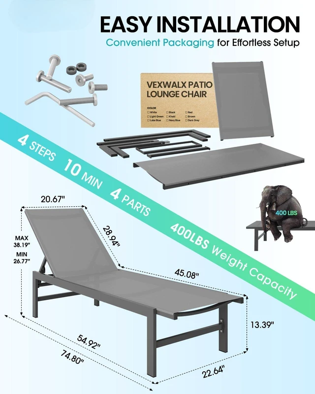 Alt view image 6 of 6 - Lounge Chair Outdoor, Aluminum Pool Lounge Chairs with 5-Position Recliner, Patio Chaise Lounge Outdoor for Backyard, Poolside, Deck (Darkgray)