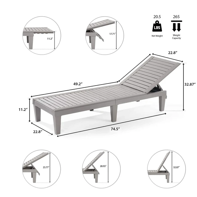Alt view image 3 of 7 - Patio Lounge Chair Outdoor, Sun Tanning Chair, Chaise Lounge Outdoor | 5 Adjustable Positions, Waterproof & Weatherproof Resin, Reclining & Lightweight, For Poolside, Beach, and Lawn, Light Grey