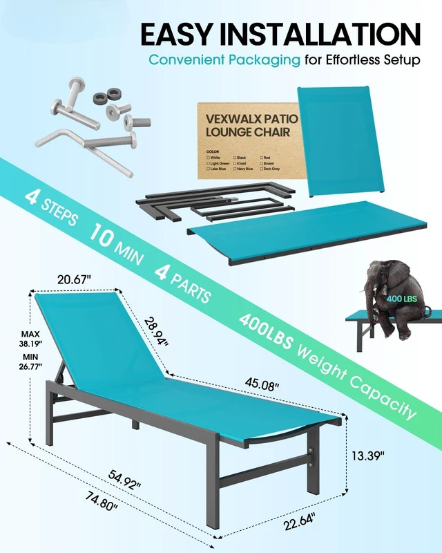 Alt view image 6 of 6 - Lounge Chair Outdoor, Aluminum Pool Lounge Chairs with 5-Position Recliner, Patio Chaise Lounge Outdoor for Backyard, Poolside, Deck (Lakeblue)