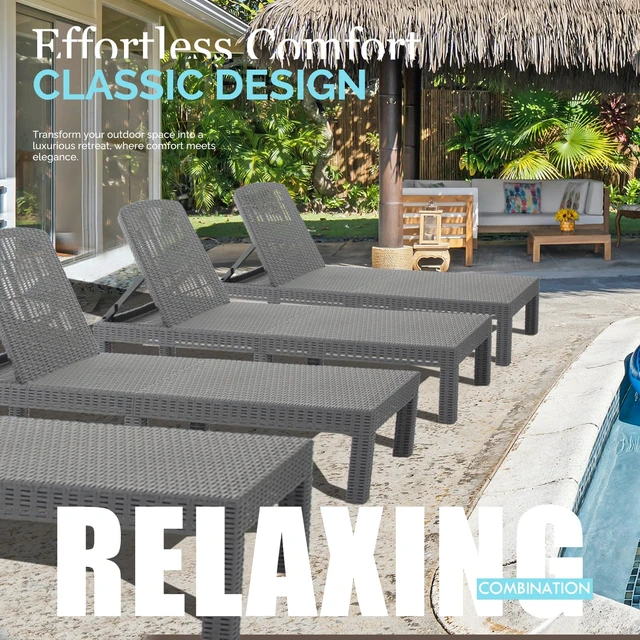 Alt view image 5 of 7 - Outdoor Chaise Lounge,Resin Pool Lounge Chair Waterproof Recliner,Gray