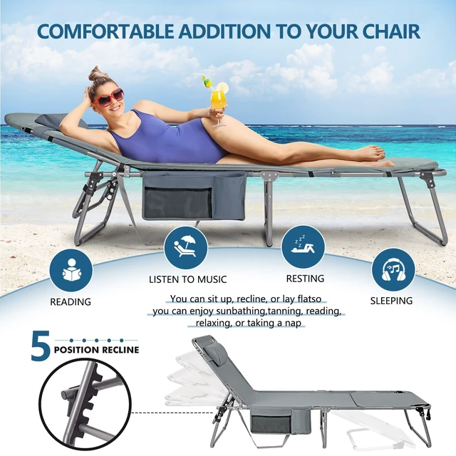 Alt view image 3 of 7 - Tanning Chair with Face Hole, Adjustable Folding Chaise Lounge Chairs for Outside with Detachable Pillow & PocketPortable flat beach chairs for sunbathing, beach lawns camping (Deep Grey, Oversized)