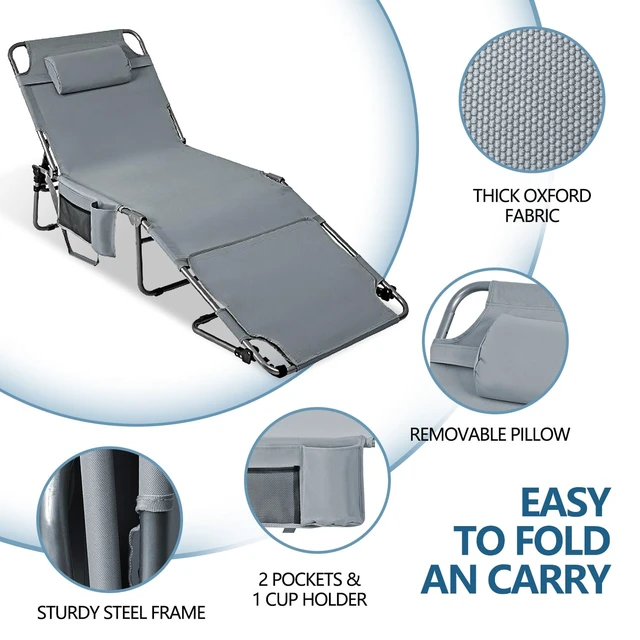 Alt view image 2 of 7 - Tanning Chair with Face Hole, Adjustable Folding Chaise Lounge Chairs for Outside with Detachable Pillow & PocketPortable flat beach chairs for sunbathing, beach lawns camping (Deep Grey, Oversized)