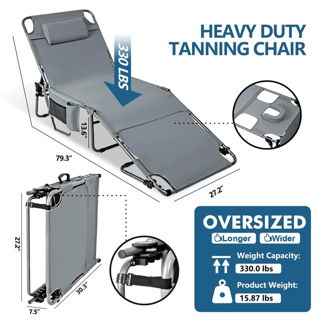 Alt view image 4 of 7 - Tanning Chair with Face Hole, Adjustable Folding Chaise Lounge Chairs for Outside with Detachable Pillow & PocketPortable flat beach chairs for sunbathing, beach lawns camping (Deep Grey, Oversized)