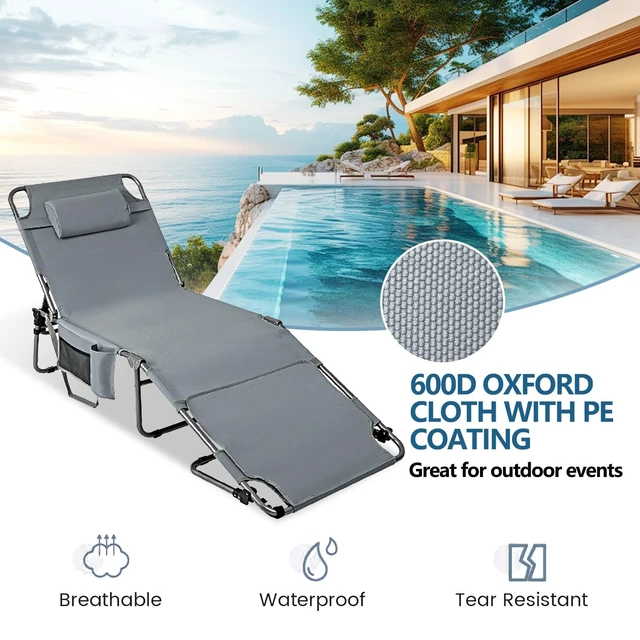 Alt view image 7 of 7 - Tanning Chair with Face Hole, Adjustable Folding Chaise Lounge Chairs for Outside with Detachable Pillow & PocketPortable flat beach chairs for sunbathing, beach lawns camping (Deep Grey, Oversized)
