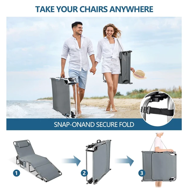 Alt view image 5 of 7 - Tanning Chair with Face Hole, Adjustable Folding Chaise Lounge Chairs for Outside with Detachable Pillow & PocketPortable flat beach chairs for sunbathing, beach lawns camping (Deep Grey, Oversized)