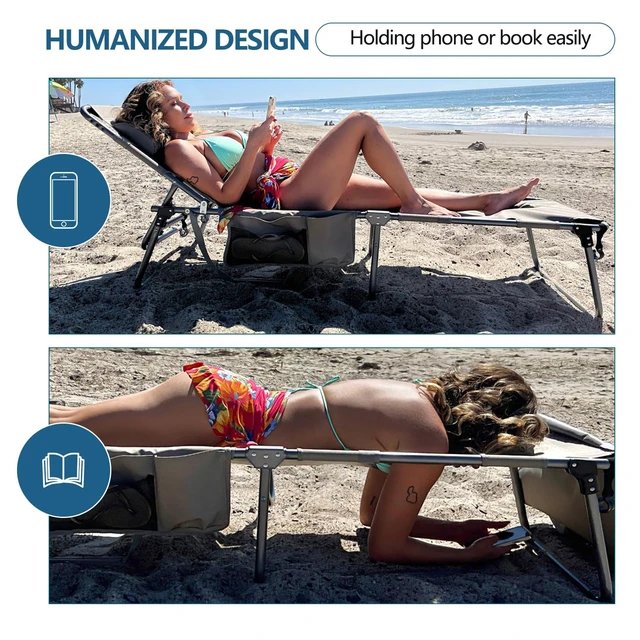 Alt view image 6 of 7 - Tanning Chair with Face Hole, Adjustable Folding Chaise Lounge Chairs for Outside with Detachable Pillow & PocketPortable flat beach chairs for sunbathing, beach lawns camping (Deep Grey, Oversized)