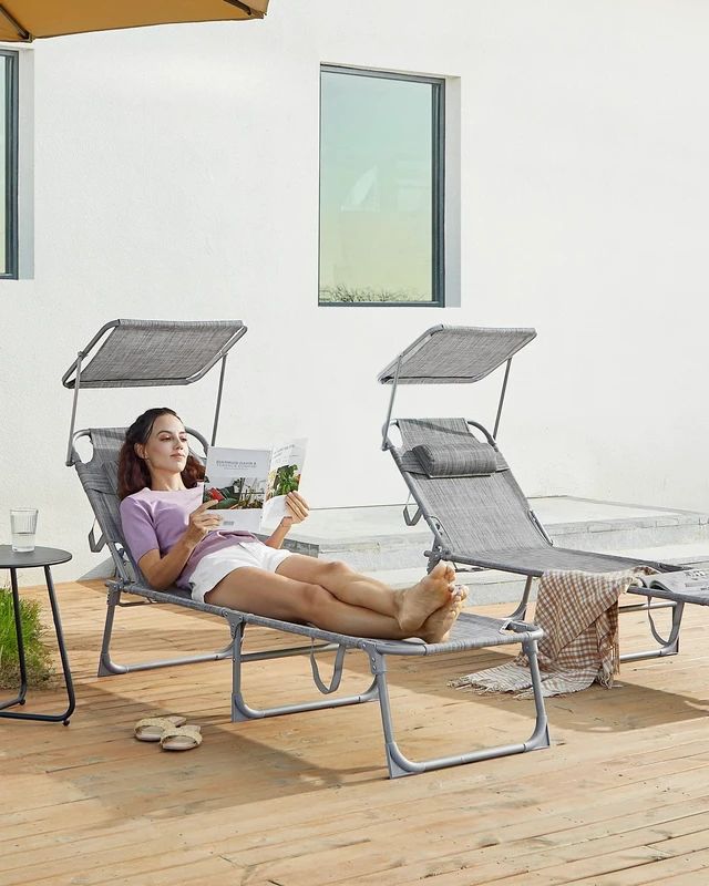Alt view image 2 of 7 - Sun Lounger, Folding Deck Chair, 76 x 20.9 x 11.4 Inches | Sunbed, Max. Load 330.7 lb, with Sunshade Headrest Adjustable Backrest, Gray and Silver, SANDY Collection UGCB19T
