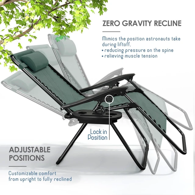 Alt view image 2 of 7 - Zero Gravity Chairs 1 Pk, Portable Patio Lounge Outdoor with Pillows & Cup Holder Trays, Adjustable Steel Lawn Chair for Deck, Beach - Forest Green