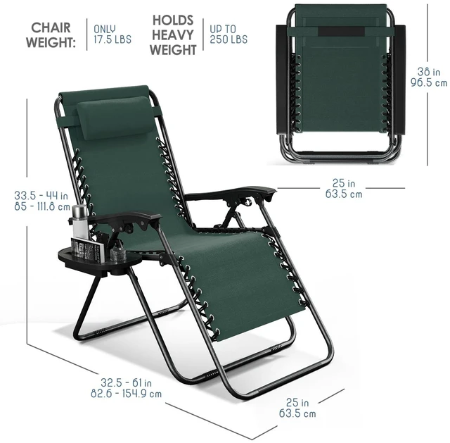 Alt view image 3 of 7 - Zero Gravity Chairs 1 Pk, Portable Patio Lounge Outdoor with Pillows & Cup Holder Trays, Adjustable Steel Lawn Chair for Deck, Beach - Forest Green