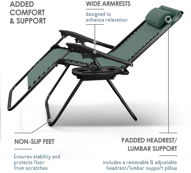 Alt view image 5 of 7 - Zero Gravity Chairs 1 Pk, Portable Patio Lounge Outdoor with Pillows & Cup Holder Trays, Adjustable Steel Lawn Chair for Deck, Beach - Forest Green