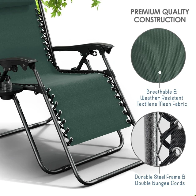 Alt view image 6 of 7 - Zero Gravity Chairs 1 Pk, Portable Patio Lounge Outdoor with Pillows & Cup Holder Trays, Adjustable Steel Lawn Chair for Deck, Beach - Forest Green