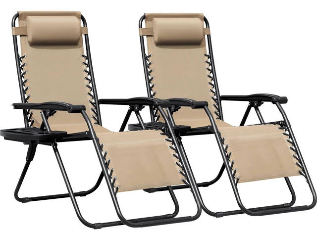 Main image of Zero Gravity Chairs Set of 2 Adjustable Steel Mesh Recliners Beach Deck Lawn Camping Patio Foldable Lounge Chair with Cup Holder Trays and Pillows,Cream-Coloured