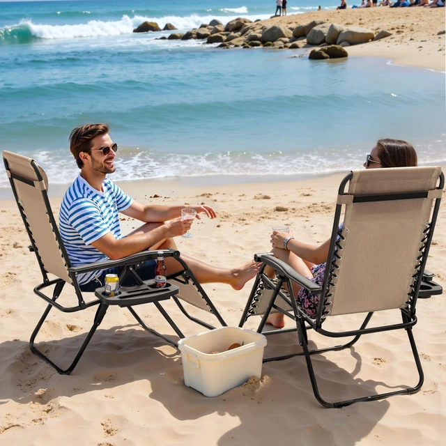 Alt view image 2 of 7 - Zero Gravity Chairs Set of 2 Adjustable Steel Mesh Recliners Beach Deck Lawn Camping Patio Foldable Lounge Chair with Cup Holder Trays and Pillows,Cream-Coloured