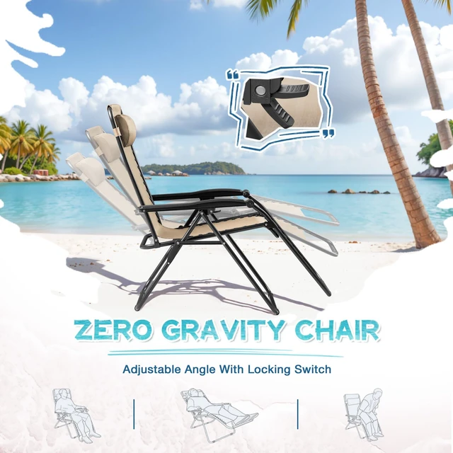 Alt view image 3 of 7 - Zero Gravity Chairs Set of 2 Adjustable Steel Mesh Recliners Beach Deck Lawn Camping Patio Foldable Lounge Chair with Cup Holder Trays and Pillows,Cream-Coloured