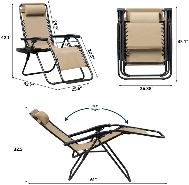 Alt view image 4 of 7 - Zero Gravity Chairs Set of 2 Adjustable Steel Mesh Recliners Beach Deck Lawn Camping Patio Foldable Lounge Chair with Cup Holder Trays and Pillows,Cream-Coloured