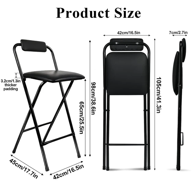 Alt view image 3 of 7 - Folding Bar Stool with Back,1 Pcs Tall Foldable Stool 25.5 Inch Height | Foldable Stool Chair for Adult Portable with Leather Padded Comfortable Sturdy for Kitchen Counter Bar Island Shop