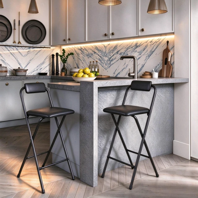 Alt view image 2 of 7 - Folding Bar Stool with Back,1 Pcs Tall Foldable Stool 25.5 Inch Height | Foldable Stool Chair for Adult Portable with Leather Padded Comfortable Sturdy for Kitchen Counter Bar Island Shop