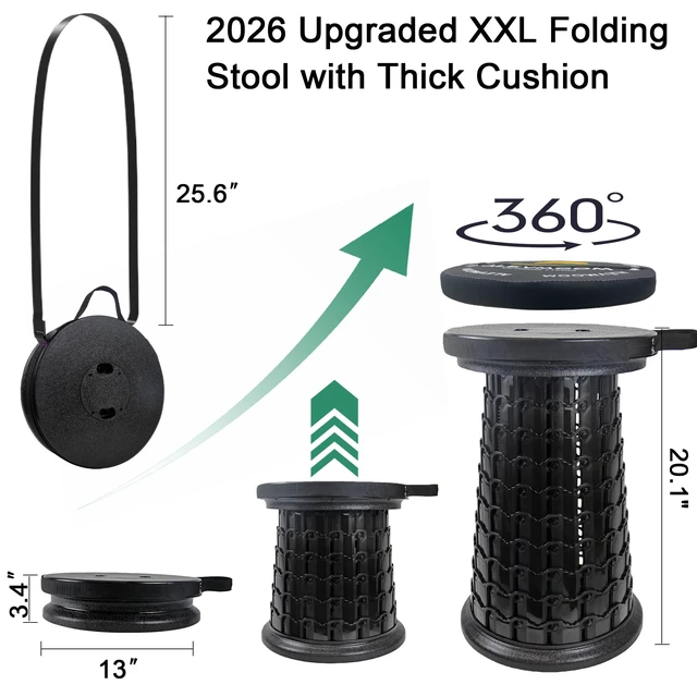 Alt view image 2 of 7 - Upgrade XXL Collapsilbe Stool with Cushion, H 20.1, D 13 Heavy Duty Load Capacity 1000lbs, Portable Retractable Telescoping Folding Stool for Camping Hiking Fishing Outdoor
