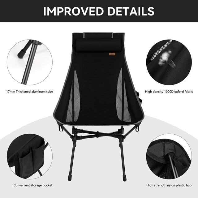 Alt view image 4 of 6 - 2 Pack High Back Camping Chair for Adults, Folding Chair Supports 440 lbs, Portable Backpacking Chair with Adjustable Pillow for Hiking & Camping (Black)