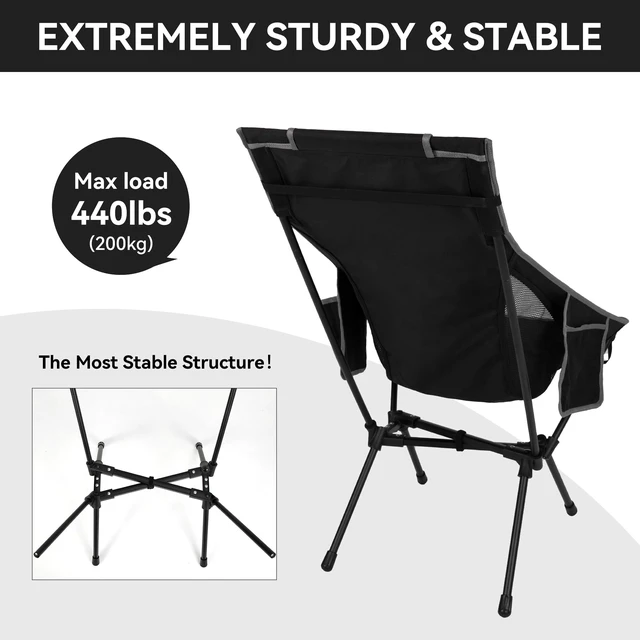 Alt view image 3 of 6 - 2 Pack High Back Camping Chair for Adults, Folding Chair Supports 440 lbs, Portable Backpacking Chair with Adjustable Pillow for Hiking & Camping (Black)