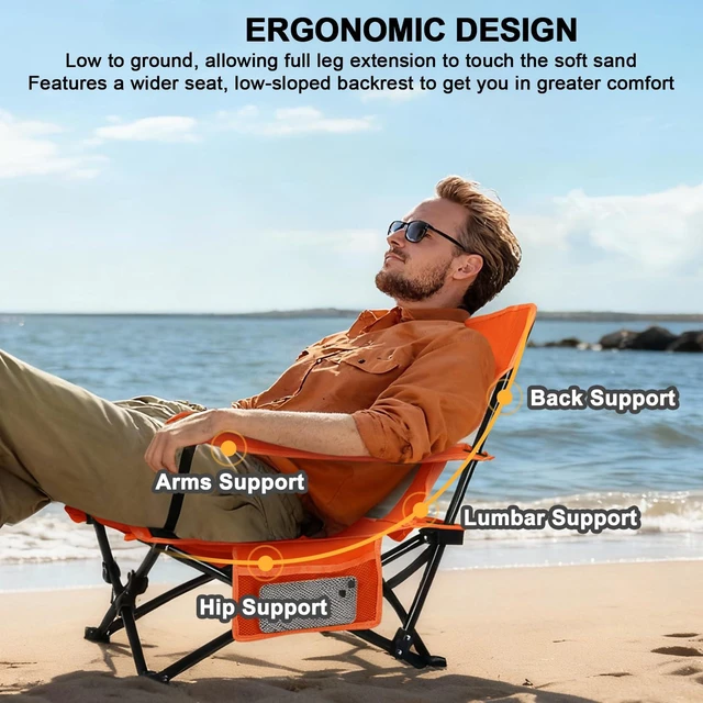 Alt view image 2 of 7 - Beach Camping Chair (2 Pack), Folding Chair for Adults (Orange) | Heavy Duty Outdoor Portable Chair with Armrest for Outside Lawn, Sport, Fishing, Cup Holder & Storage Pocket, Carry Bag