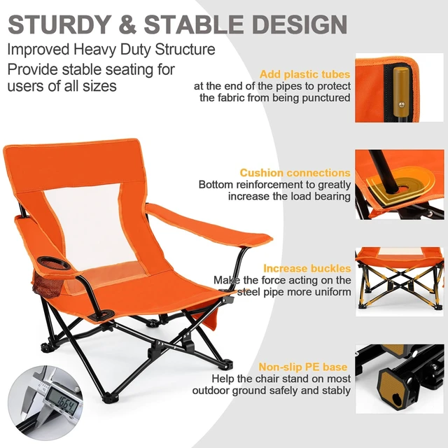 Alt view image 3 of 7 - Beach Camping Chair (2 Pack), Folding Chair for Adults (Orange) | Heavy Duty Outdoor Portable Chair with Armrest for Outside Lawn, Sport, Fishing, Cup Holder & Storage Pocket, Carry Bag