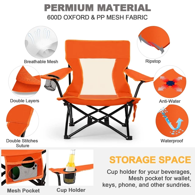 Alt view image 4 of 7 - Beach Camping Chair (2 Pack), Folding Chair for Adults (Orange) | Heavy Duty Outdoor Portable Chair with Armrest for Outside Lawn, Sport, Fishing, Cup Holder & Storage Pocket, Carry Bag