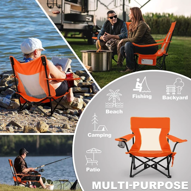 Alt view image 5 of 7 - Beach Camping Chair (2 Pack), Folding Chair for Adults (Orange) | Heavy Duty Outdoor Portable Chair with Armrest for Outside Lawn, Sport, Fishing, Cup Holder & Storage Pocket, Carry Bag