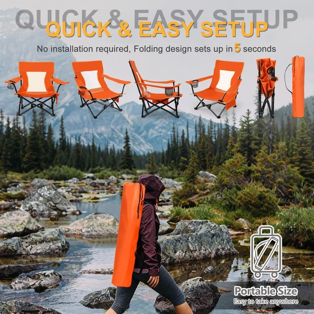 Alt view image 6 of 7 - Beach Camping Chair (2 Pack), Folding Chair for Adults (Orange) | Heavy Duty Outdoor Portable Chair with Armrest for Outside Lawn, Sport, Fishing, Cup Holder & Storage Pocket, Carry Bag