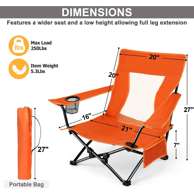 Alt view image 7 of 7 - Beach Camping Chair (2 Pack), Folding Chair for Adults (Orange) | Heavy Duty Outdoor Portable Chair with Armrest for Outside Lawn, Sport, Fishing, Cup Holder & Storage Pocket, Carry Bag