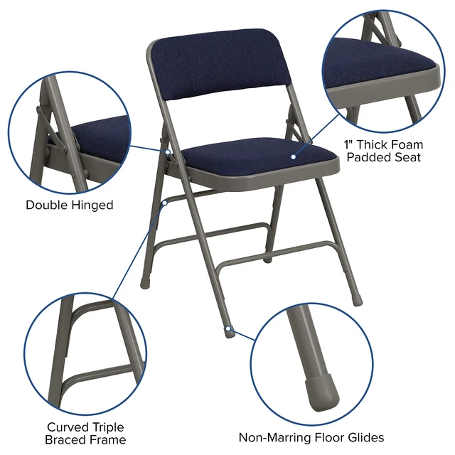 Alt view image 4 of 7 - Hercules Metal Folding Chair, Navy, 2-Pack | Triple Braced, Double-Hinged, Fabric Upholstery