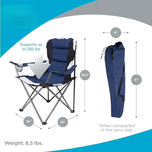 Alt view image 3 of 7 - 2 Pack Padded Camping Folding Chair | Outdoor | Navy Blue | Sports | Cup Holder | Comfortable | Carry Bag | Beach | Quad