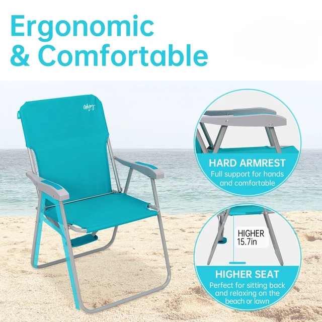 Alt view image 4 of 7 - Tall Folding Beach Chair for Adults, Lightweight Beach Chair with Shoulder Straps, High Back Camping Chairs with Hard Armrest, Supports 300lbs for Outdoor Lawn Concert, 2 Pack (Cyan)
