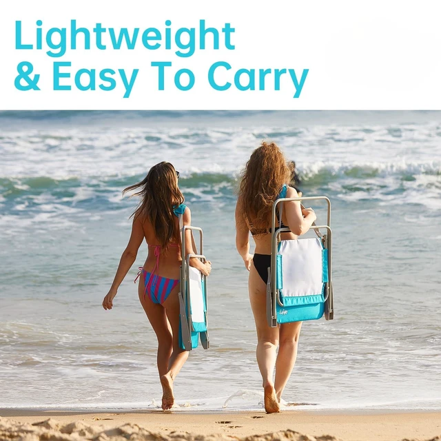 Alt view image 6 of 7 - Tall Folding Beach Chair for Adults, Lightweight Beach Chair with Shoulder Straps, High Back Camping Chairs with Hard Armrest, Supports 300lbs for Outdoor Lawn Concert, 2 Pack (Cyan)