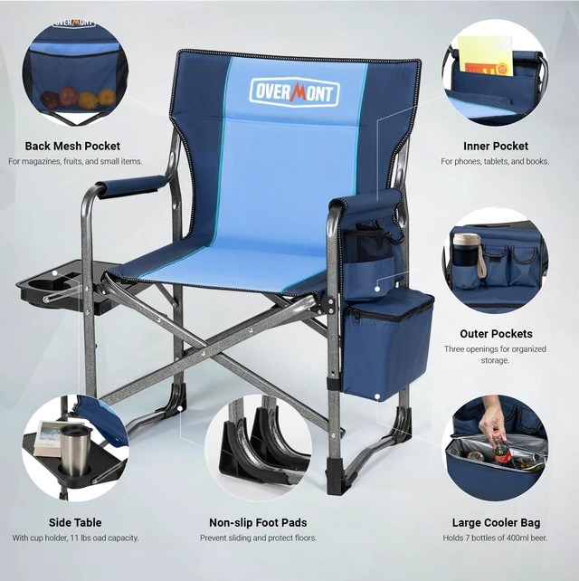 Alt view image 5 of 7 - 2 Pack Folding Camping Chairs with Side Tables, 400 lb Each | 2 Oversized Director Chairs with Cooler Bags, 600D Oxford Fabric, Shoulder Straps for Camping, Fishing, Lawn & Picnics