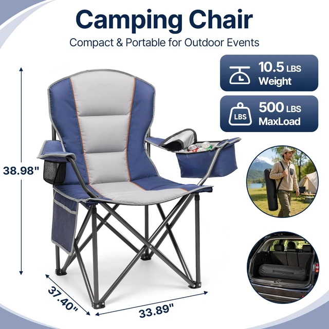 Alt view image 2 of 7 - Folding Camping Chair, Oversized Heavy Duty Chairs, Blue (2Pack) | 500LBS Capacity, with Padded, Cooler Bag & Cup Holder, Portable Carry Bag, Thicken 600D Oxford, for Beach & Sideline Sport