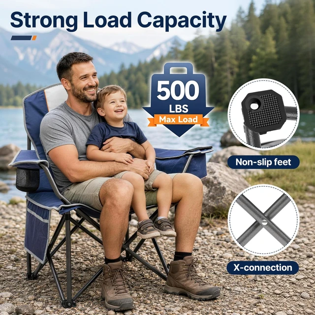 Alt view image 3 of 7 - Folding Camping Chair, Oversized Heavy Duty Chairs, Blue (2Pack) | 500LBS Capacity, with Padded, Cooler Bag & Cup Holder, Portable Carry Bag, Thicken 600D Oxford, for Beach & Sideline Sport