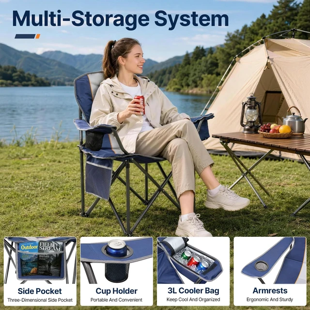 Alt view image 4 of 7 - Folding Camping Chair, Oversized Heavy Duty Chairs, Blue (2Pack) | 500LBS Capacity, with Padded, Cooler Bag & Cup Holder, Portable Carry Bag, Thicken 600D Oxford, for Beach & Sideline Sport