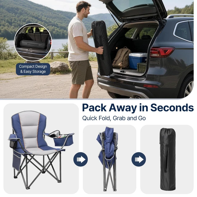Alt view image 5 of 7 - Folding Camping Chair, Oversized Heavy Duty Chairs, Blue (2Pack) | 500LBS Capacity, with Padded, Cooler Bag & Cup Holder, Portable Carry Bag, Thicken 600D Oxford, for Beach & Sideline Sport