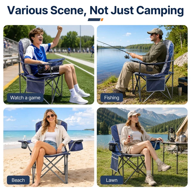 Alt view image 7 of 7 - Folding Camping Chair, Oversized Heavy Duty Chairs, Blue (2Pack) | 500LBS Capacity, with Padded, Cooler Bag & Cup Holder, Portable Carry Bag, Thicken 600D Oxford, for Beach & Sideline Sport