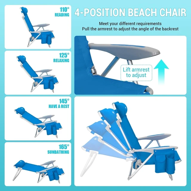 Alt view image 2 of 6 - Beach Chairs for Adults,Adjustable 4 Position for Beach,Lawns | High Back,Lightweight only 6.6 lbs,Reclining,Easy Carrying,25" Wide Seat,Support 400 lbs,with Padded Backpack & Cup Holder