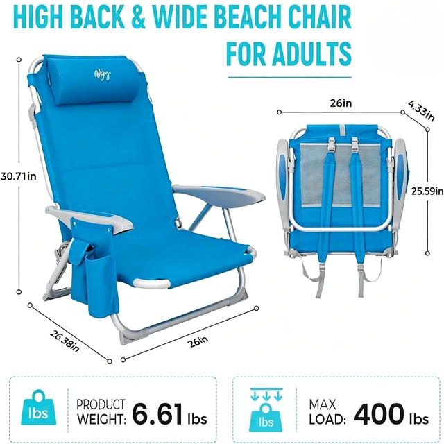 Alt view image 4 of 6 - Beach Chairs for Adults,Adjustable 4 Position for Beach,Lawns | High Back,Lightweight only 6.6 lbs,Reclining,Easy Carrying,25" Wide Seat,Support 400 lbs,with Padded Backpack & Cup Holder